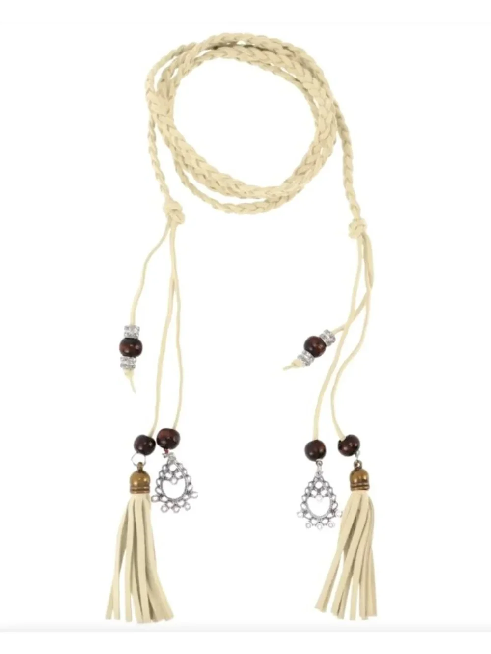 White/Beige Braided Wrap-Around Waist Belt With Tassels & Metal Charms